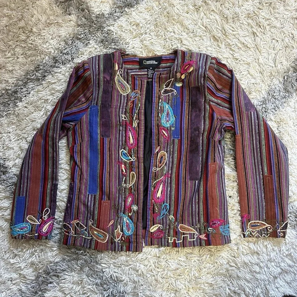 National Geographic Purple Patchwork Open Front Silk Boho Blazer Sz Medium M - Picture 1 of 8
